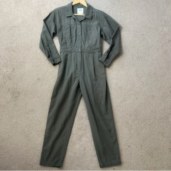 Abercrombie & Fitch Petite Utility Jumpsuit Military Green Cotton Long Sleeve - Picture 14 of 16